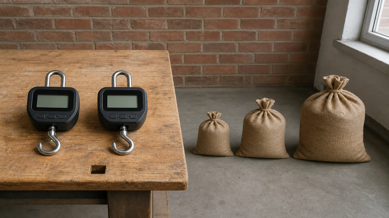 Two digital hanging scales compared beside different suspended-load sizes