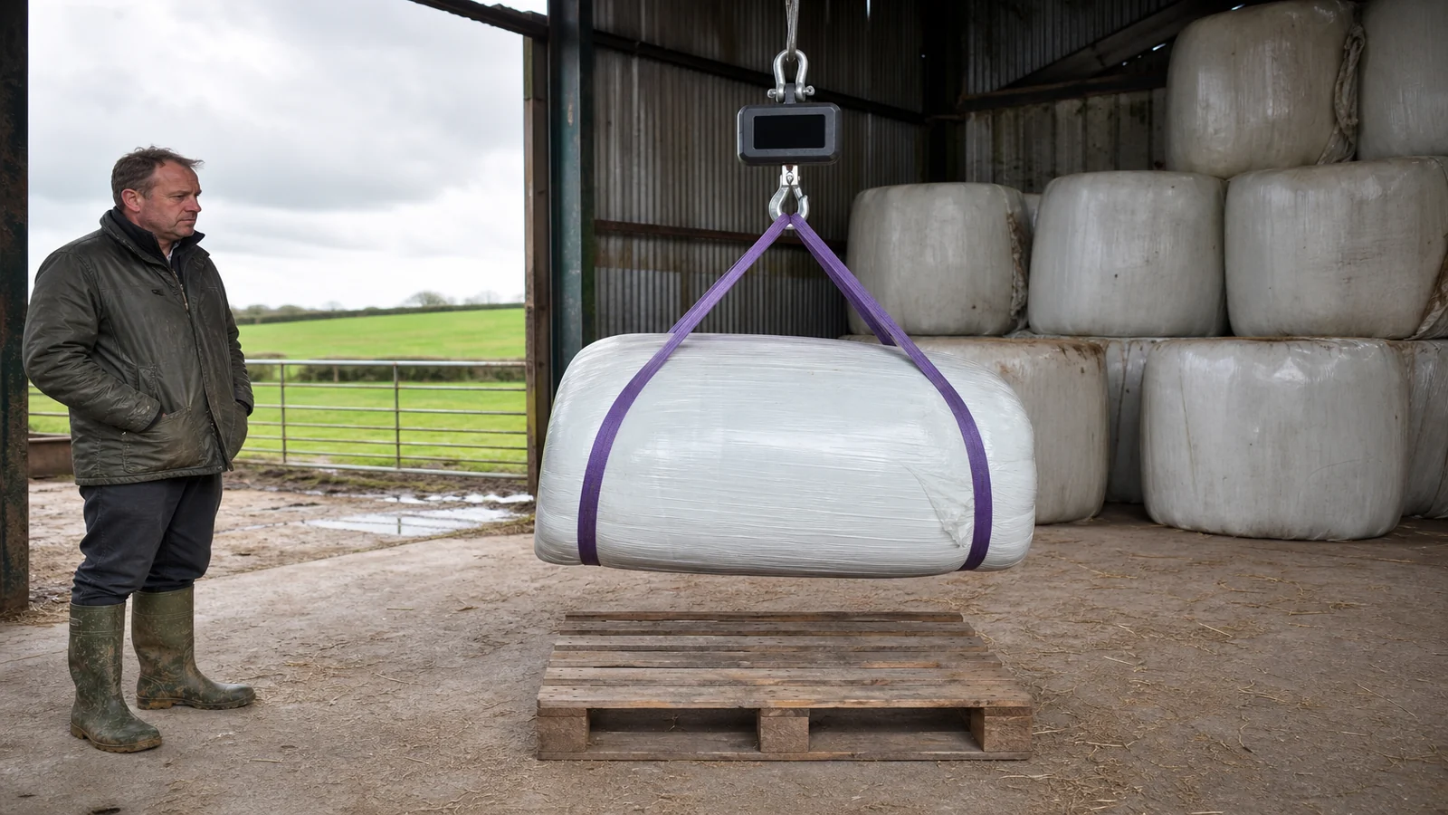 Hay bale suspended low from a digital hanging scale in a UK farm shed