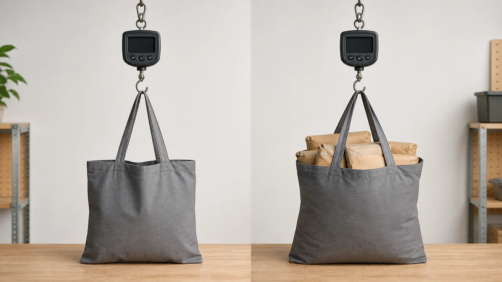 Empty and loaded tote illustrating tare and hold functions on a hanging scale