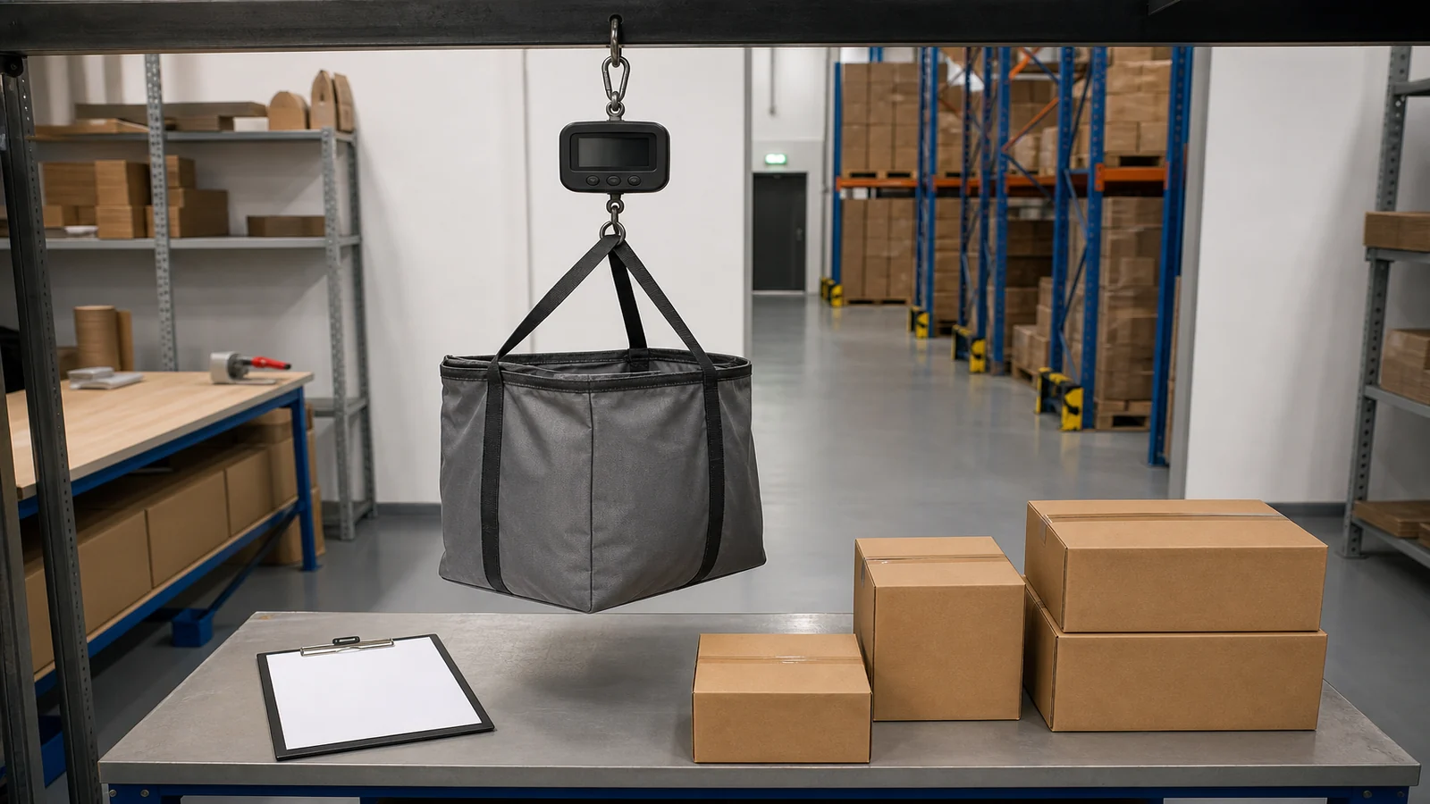 Parcel tote being weighed with a digital hanging scale at a warehouse dispatch station