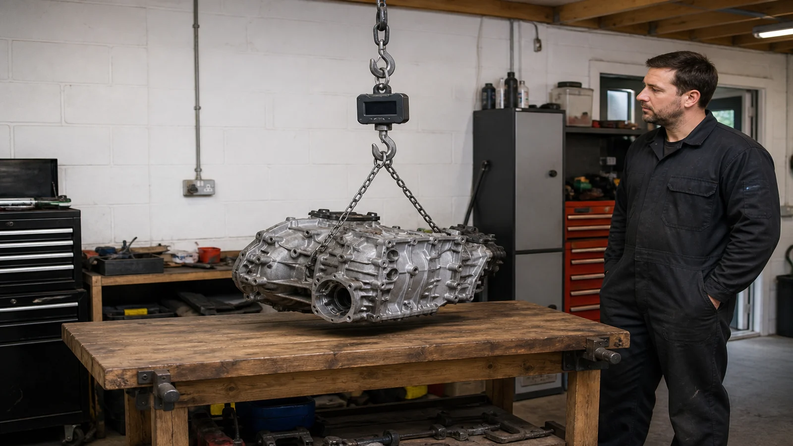 Engine component weighed low over a bench with a digital hanging scale in a garage